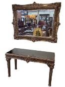 Gilt and tinted glass console table and bevelled wall mirror, table 78cm by 134cm by 53cm,