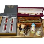 Parker Sonnet Red pen set, portable microscope, pearl necklace and four Beswick figures.