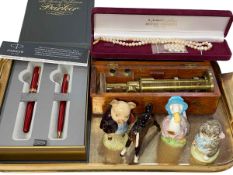 Parker Sonnet Red pen set, portable microscope, pearl necklace and four Beswick figures.