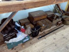 Collection of vintage boxes including carved and inlaid, brass jam pan, walking canes, furs, linens,