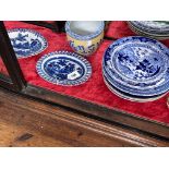 Collection of Oriental china including blue and white plates, jardiniere, tureen, cup and saucer,