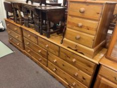 Two pine chests of seven and three drawers, three drawer pedestal chest and headboard.