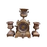 Ornate gilt metal three piece garniture clock set, clock 42cm high.