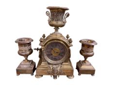 Ornate gilt metal three piece garniture clock set, clock 42cm high.