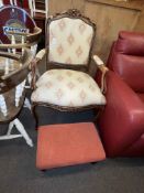 French style fauteuil and turned leg footstool (2).