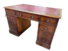 Victorian mahogany nine drawer pedestal with red and gilt tooled leather inset top,