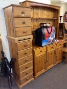 Slim pine six drawer chest, three drawer pedestal chest and pine dresser (3).