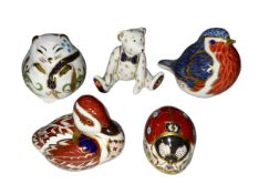 Five Royal Crown Derby paperweights, Robin, Teddy Bear, Duck, Mouse and Ladybird.