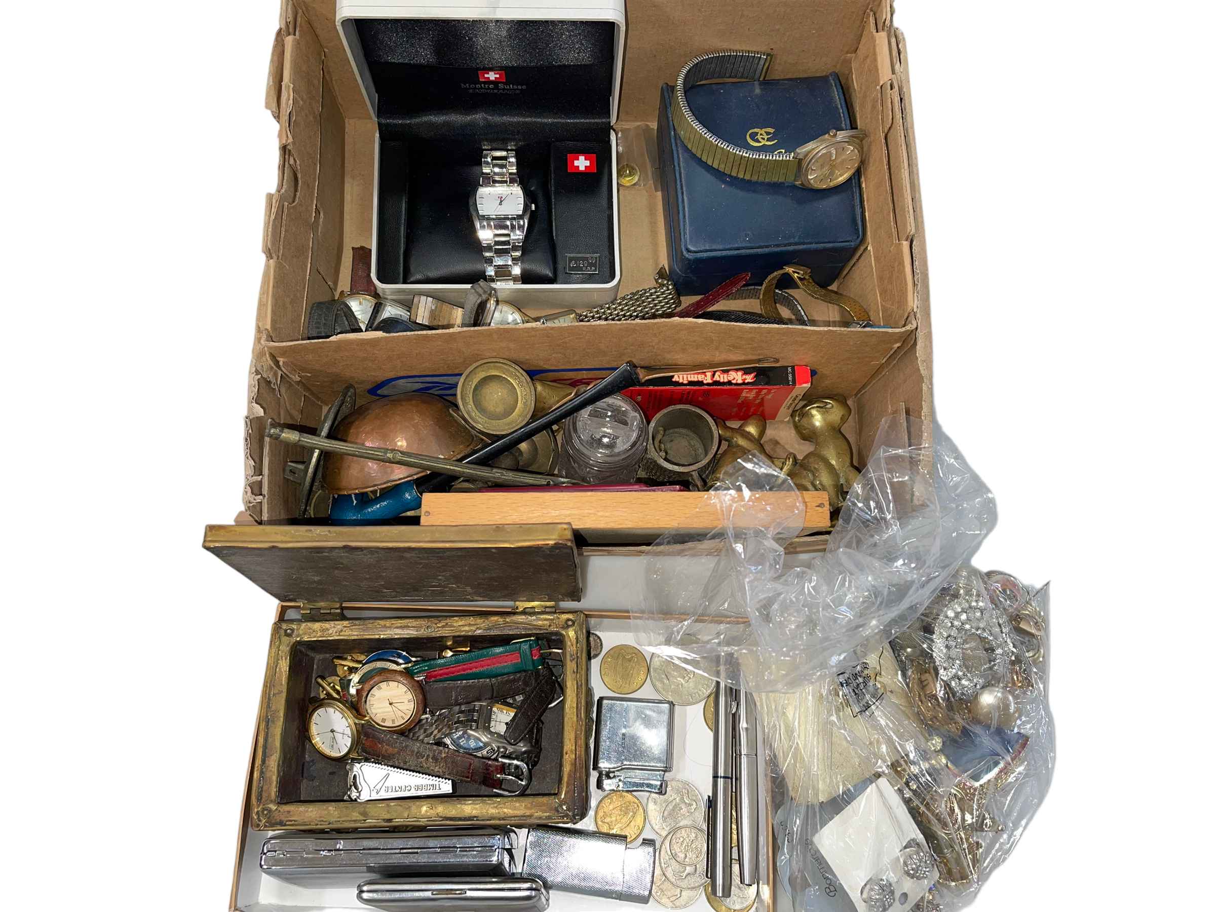 Box with wristwatches, metal wares, jewellery, etc.