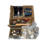 Box with wristwatches, metal wares, jewellery, etc.