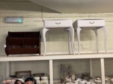 Pair painted single drawer pedestals and fretwork three tier wall rack and four various wall