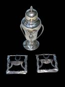 Art Nouveau silver pepperette and pair Georgian silver buckles, Alexander Saunders c1760 (2).