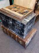 Two vintage trunks, collection of wood working chisels and spirit level.