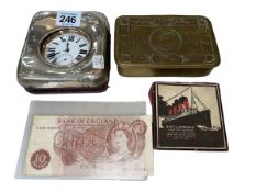 Silver easel watch case with keyless watch, Lusitania medal, 10 Shilling note, Princess Mary box,