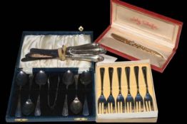 Lady Sheaffer cartridge pen, boxed pastry forks and teaspoons, and silver handled tea knives.