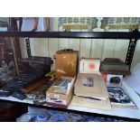 Remington 12 typewriter, binocular, microscope, postcards, Brendan Neiland signed poster 1991,