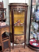 Vernis Martin style bow front vitrine (evidence of woodworm), 174cm by 74cm by 38cm.