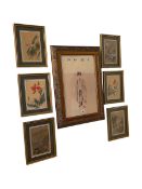 Set of six framed Chinese paintings, Chinese portrait and pine framed overmantel mirror (8).