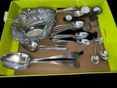 Silver items including two George III tablespoons, tea and coffee spoons, bon bon dish, medals,