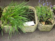 Set of three octagonal weathered garden planters, 19.5cm by 33cm by 56.5cm.