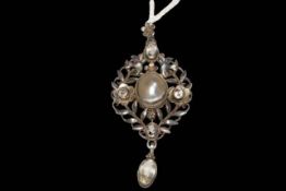 Arthur & Georgie Gaskin pearl pendant, formed with birds and foliage, 5.5cm drop.