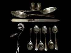 Pair silver tablespoons, six silver teaspoons, small silver ladle, cake knife, cruet and brooch.