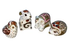 Four Royal Crown Derby paperweights, Baby Indian Elephant, Owlet, Mouse and Bramble.