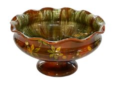 Linthorpe Pottery pedestal bowl with foliate decoration, number 1072, 22cm diameter.