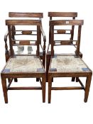Set of four Georgian rush seated Country chairs, carver and three single.
