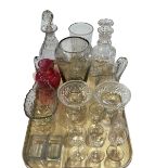 Collection of mainly 19th Century glass including pair tazza's, decanters, ruby jug, etc.