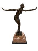 Art Deco style bronze figure of a dancer on marble plinth, 49cm.