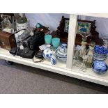 Collection of blue and white Oriental porcelain, cameras, meat plates, cutlery,