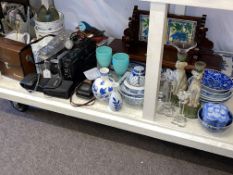 Collection of blue and white Oriental porcelain, cameras, meat plates, cutlery,