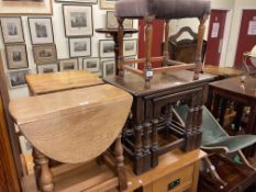 Oak nest of three tables, Old Charm drop leaf coffee table, stool and rocking foot rest (4).