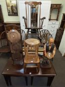 Rectangular mahogany nest of tables, oak folding cakestand, child's chair, stool,