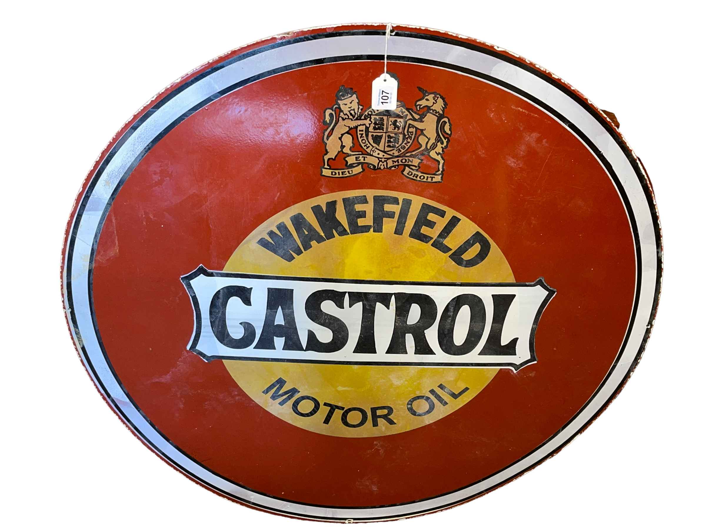 Large circular Castrol Motor Oil enamel sign, 91cm diameter.
