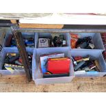 Six boxes of model railway engines, rolling stock and accessories.