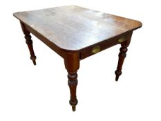 Victorian pitch pine farmhouse kitchen table on turned legs, 76cm by 122cm by 89cm.