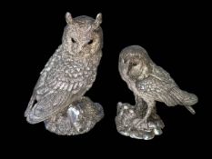 Two filled sterling silver owl sculptures, tallest 13cm, with one box.