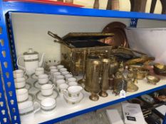 Assorted copper and brass, Spode Persia and Royal Doulton Rondelay coffee sets, etc.