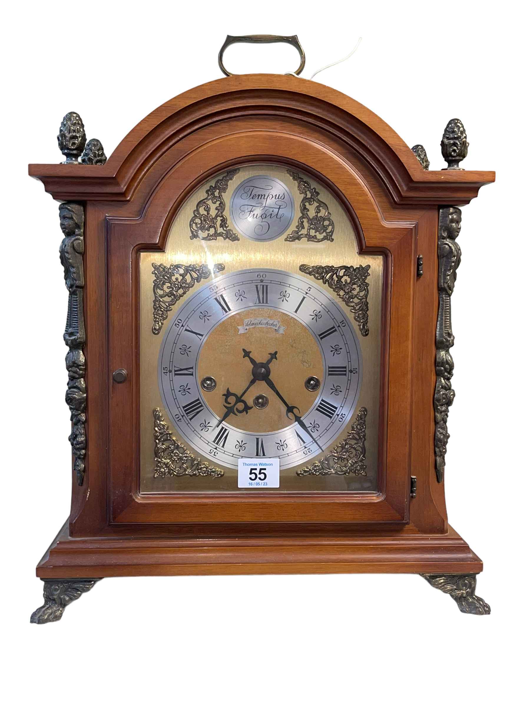 Mahogany cased bracket clock with silver gilt dial, 45cm high.