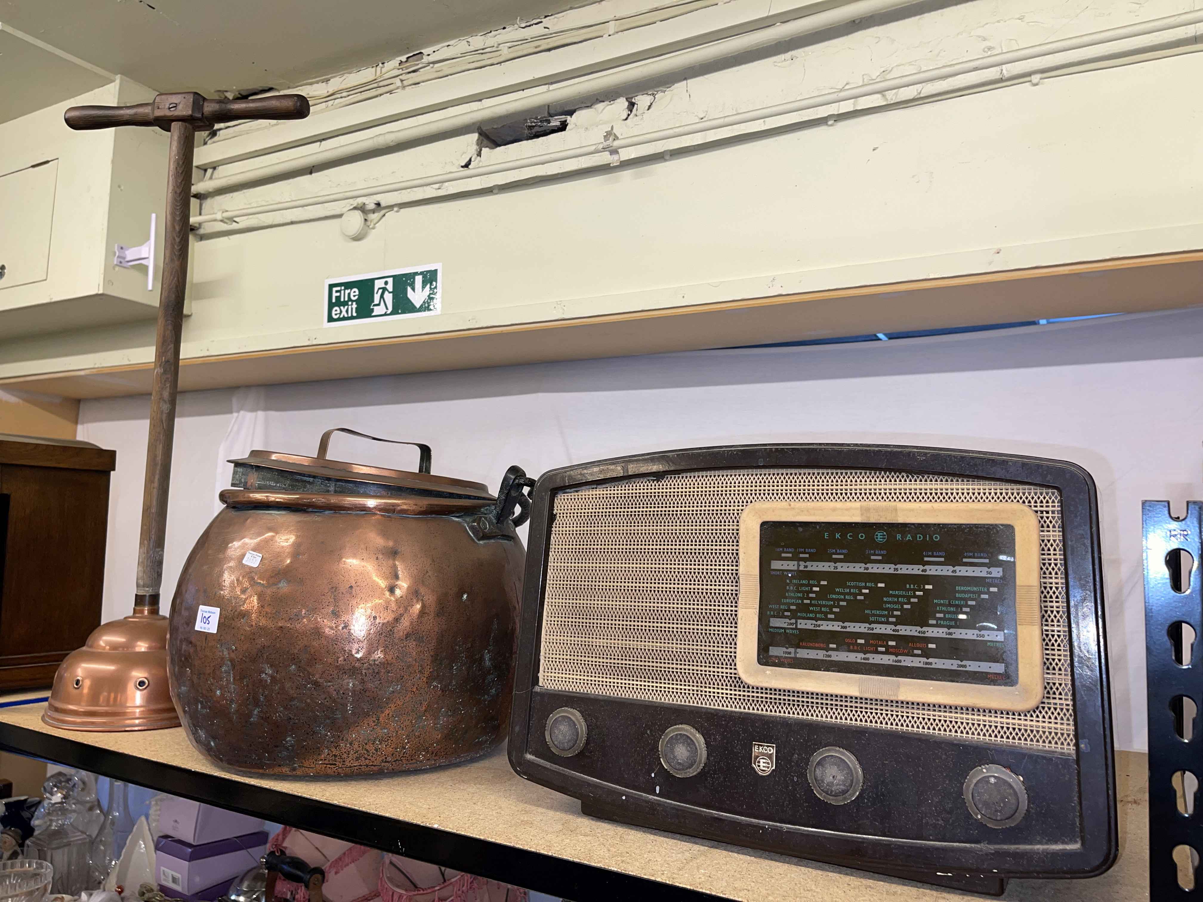 Ekco radio model U143, Copper cauldron with lid, mantel clock, posser and an oak box on feet.