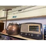 Ekco radio model U143, Copper cauldron with lid, mantel clock, posser and an oak box on feet.