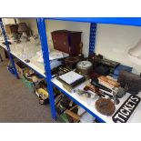 Assorted china and glassware, brass ships and other clocks, pipes, LP records, binoculars,