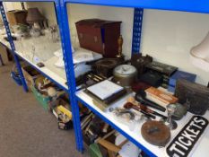 Assorted china and glassware, brass ships and other clocks, pipes, LP records, binoculars,