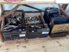 Canteen and boxes of cutlery, loose cutlery, silver plated ware, copper and brass warming pan,