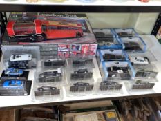 Collection of Diecast model vehicles including Revell London Bus, Carabinieri Police Cars,