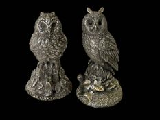 Two filled sterling silver owl sculptures, approximately 8cm, with two boxes.