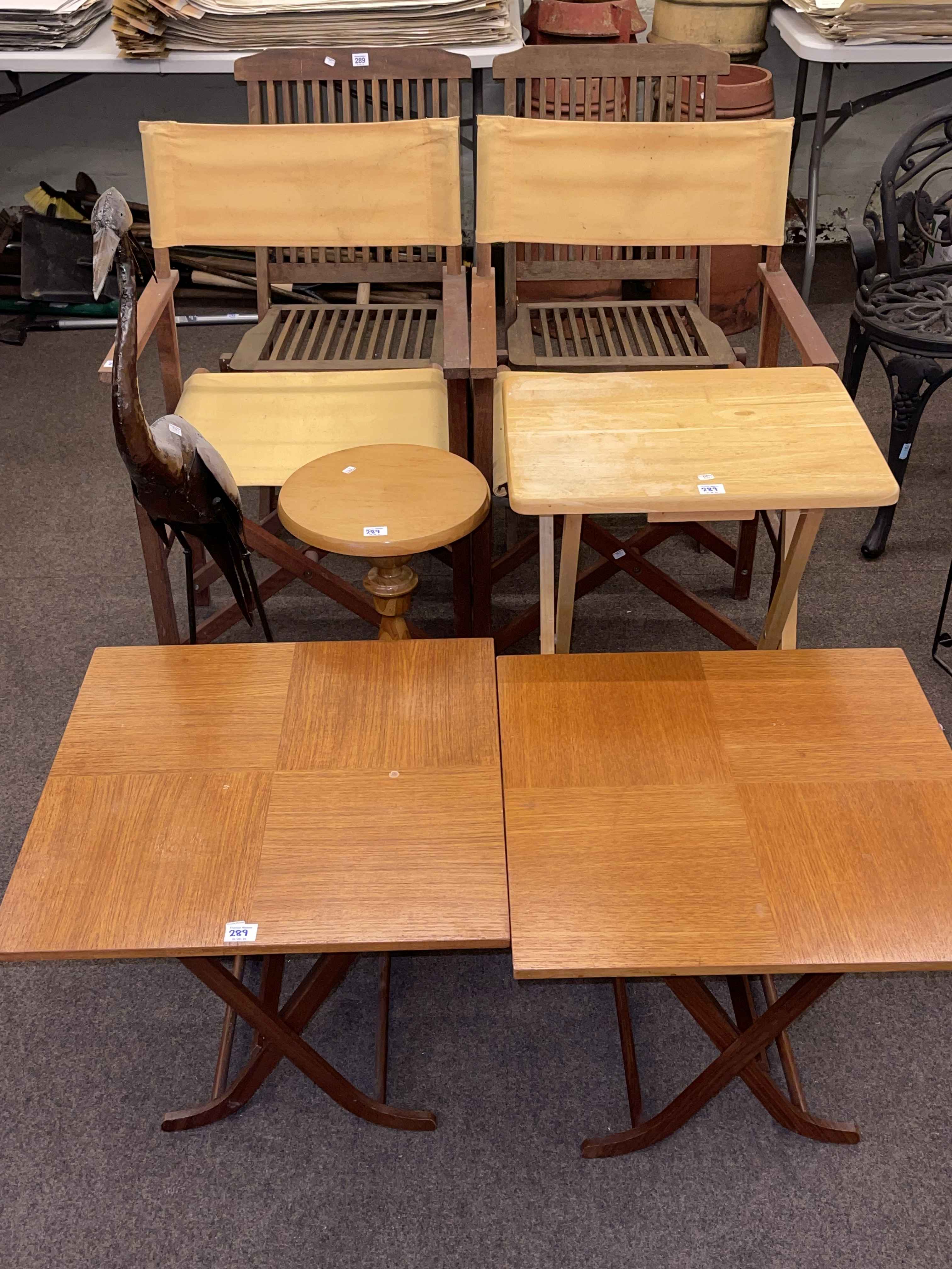 Pair folding teak patio chairs, pair directors style chairs, three folding tables,