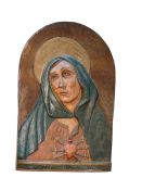 Egg Tempera painted plaque of Mater Dolorosa, Monogrammed and dated 1946, 46cm by 30cm.